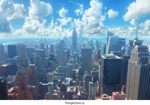 New York City Skyline with Towering Skyscrapers and Clear Blue Skies