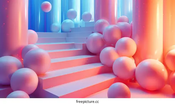 Abstract Colorful Stairway with Pink and Blue Spheres