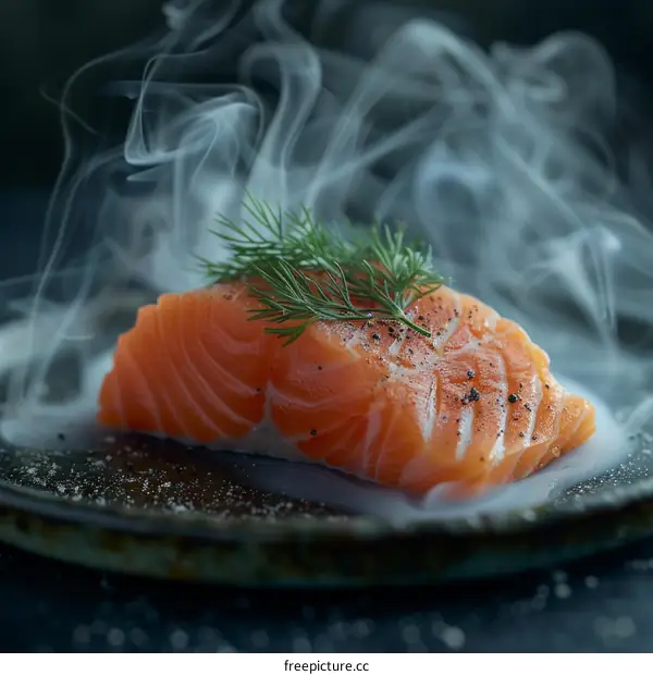 A fillet of salmon garnished with dill