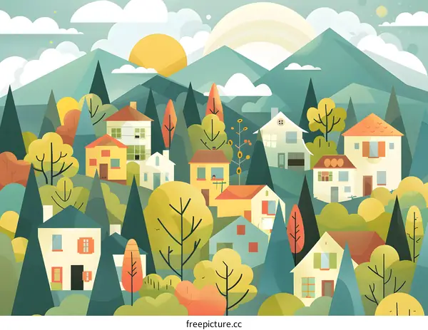 Colorful Illustration of a Village in the Mountains with Houses and Trees