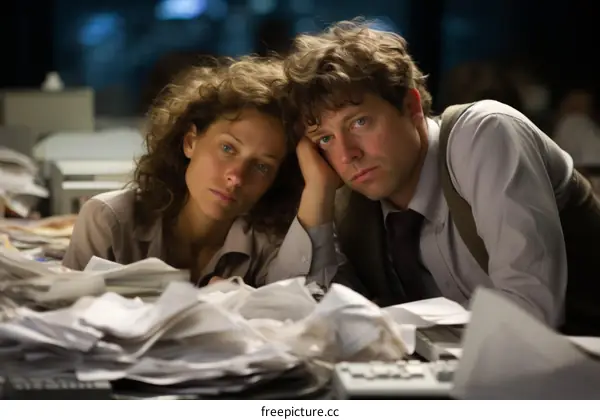 Two journalists look over a desk full of paperwork