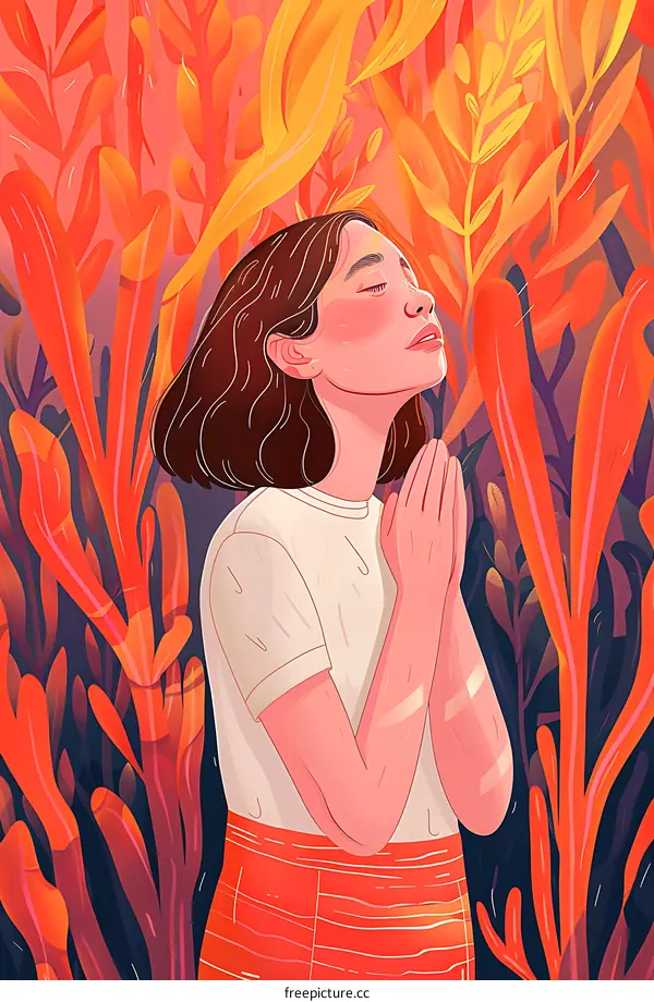 Woman Praying in a Garden of Red and Yellow Leaves