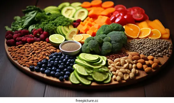 A variety of healthy food on a wooden table
