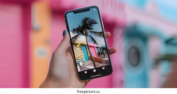 Hand Holding Phone with Photo of Palm Tree and Colorful Buildings