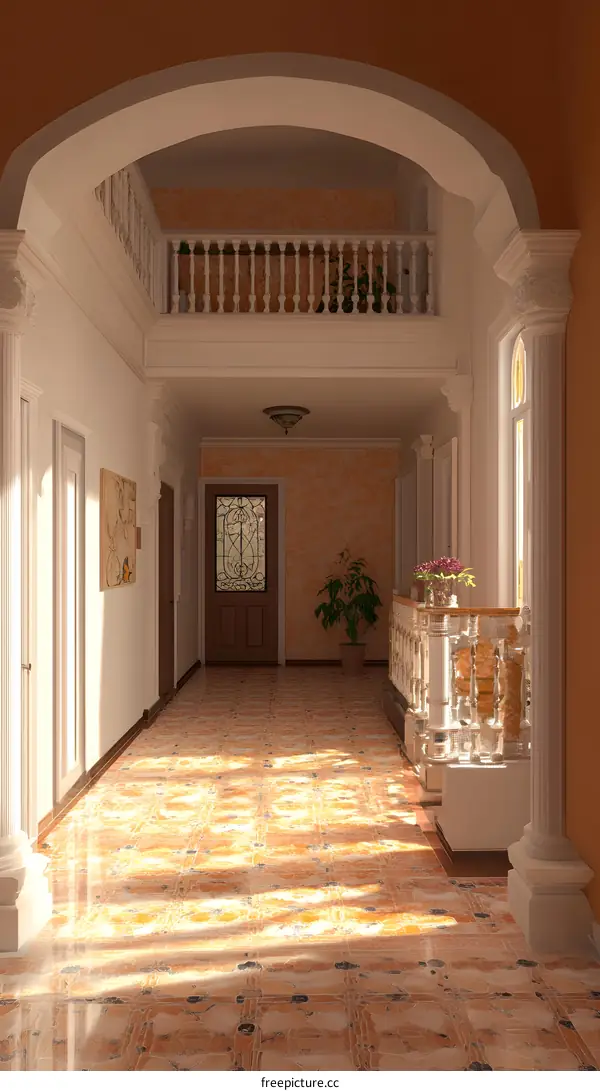 Interior Design of a Hallway with White Columns and Balustrade