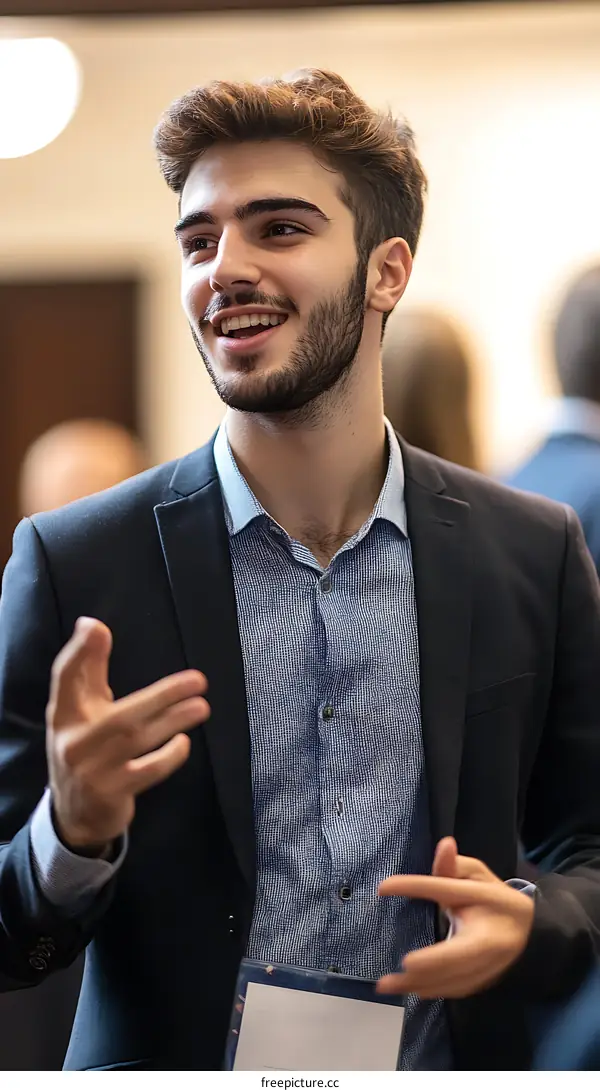 Portrait of a Young Man in a Suit Smiling and Gesturing