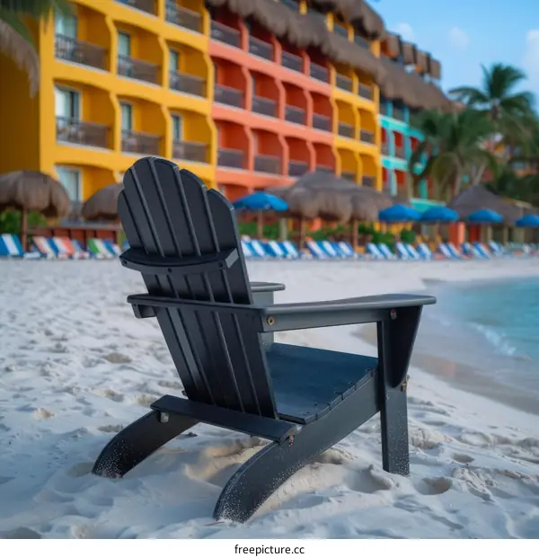 Black Adirondack chair on a beach with colorful buildings in the background