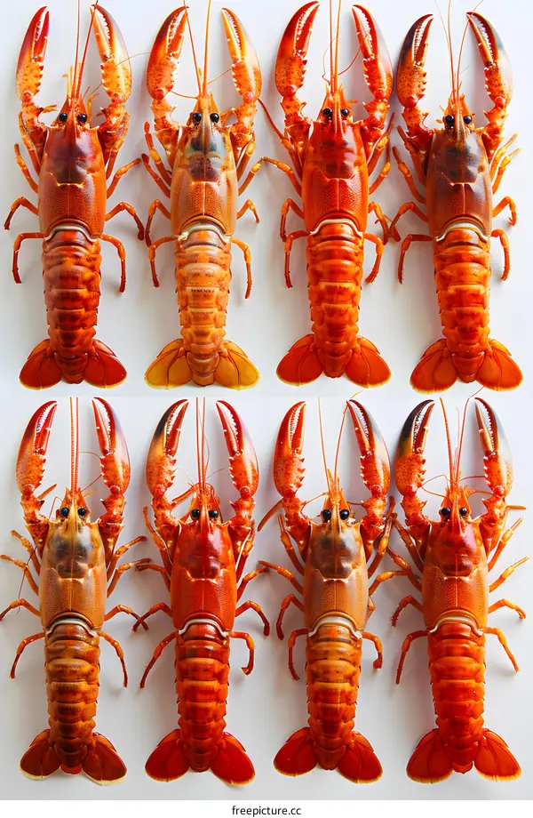Eight Cooked Lobsters on White Background