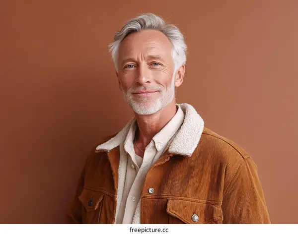Portrait of a mature man with gray hair and beard wearing a brown jacket