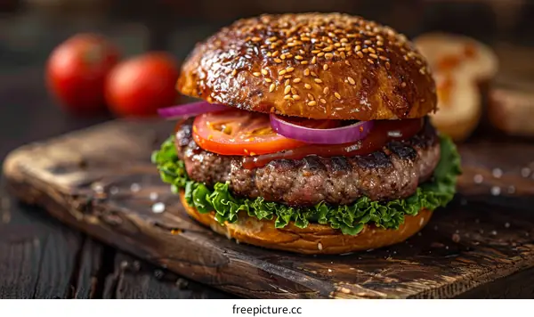 A mouthwatering burger with tomato, onion, and lettuce.