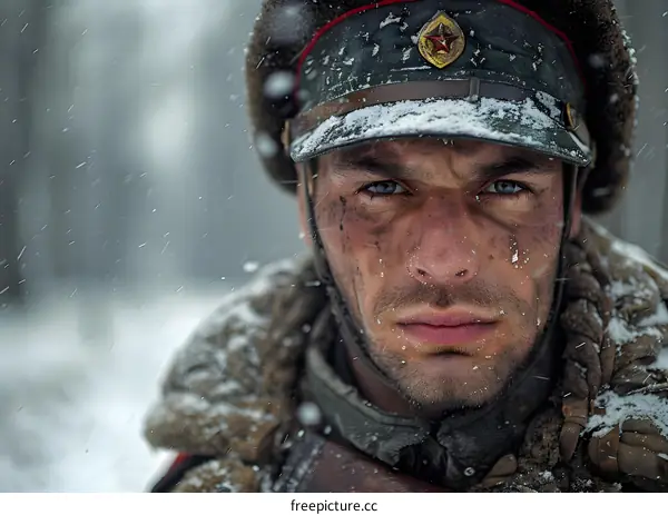 Portrait of a young soldier in a winter hat with a red star