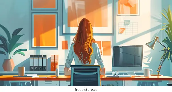 woman sitting back to desk looking at computer screen