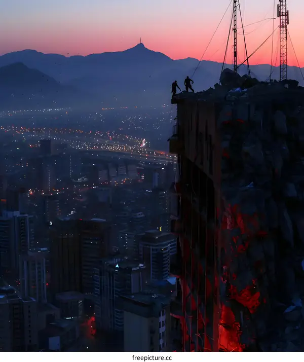 Silhouettes of Two People Standing on a Demolished Building at Dusk with a Cityscape in the Background