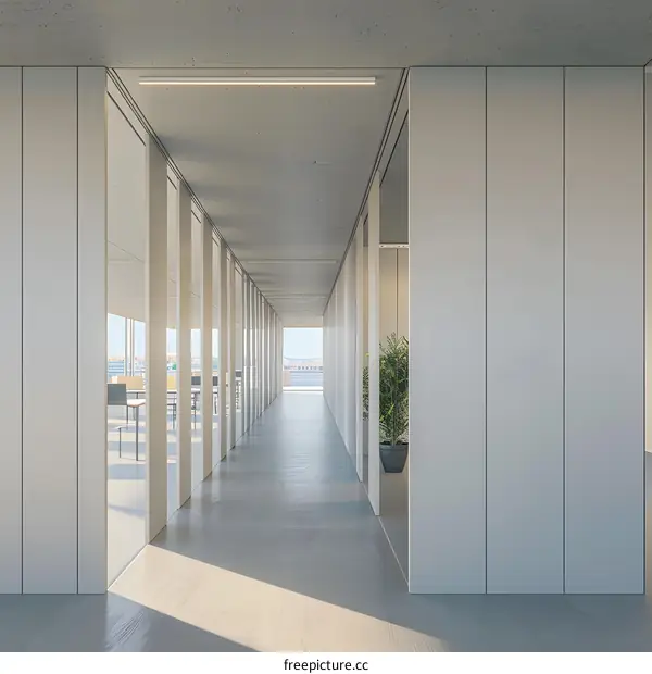 Modern Office Hallway Design With Glass Walls And Concrete