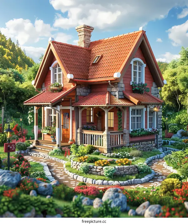 Small cottage house with flowers and garden