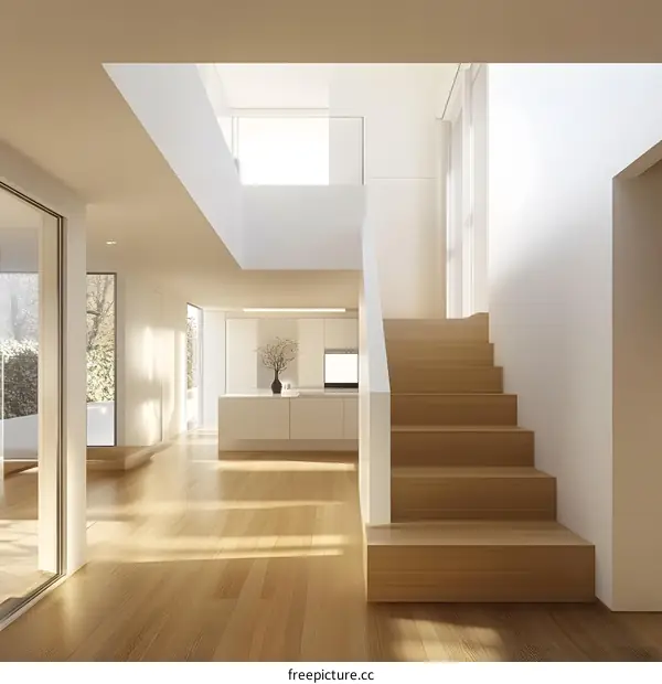 Modern Minimalist Home Interior Design With Wooden Stairs and Natural Light