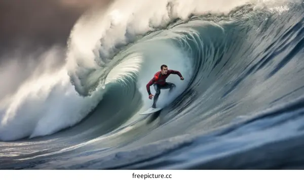 Surfer rides a big wave
