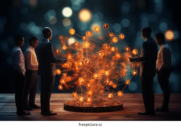 Businessmen discussing a glowing network of digital currency symbols