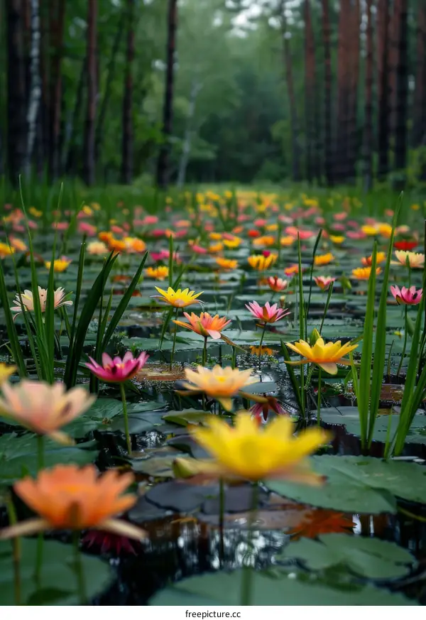 Water Lilies in Lush Forest Pond