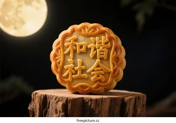 Mooncake with Chinese characters 'Harmonious Society' under the full moon