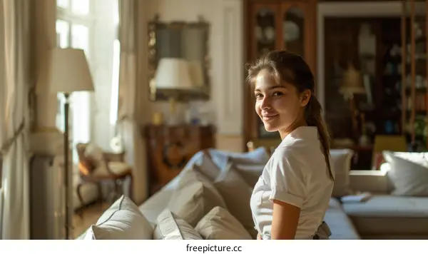 Portrait of a beautiful young woman in a white dress sitting on a sofa in a luxurious living room