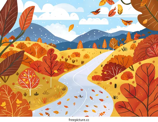 Autumn Landscape Illustration With Fall Foliage