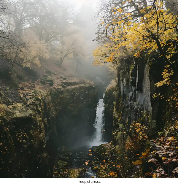 Waterfall in Misty Forest