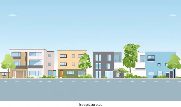 Modern Houses on a Street with Trees and Blue Sky