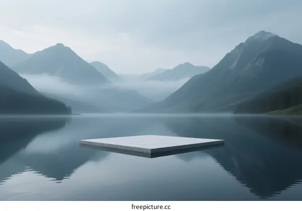 A Floating White Platform in a Misty Mountain Lake Scene