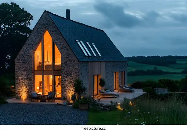 Modern Stone House with Large Windows and a View of the Countryside