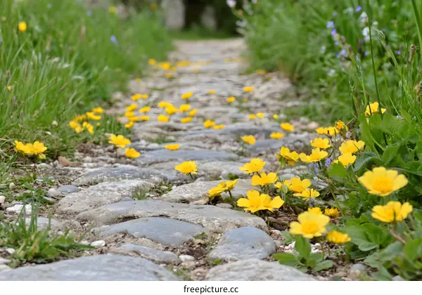 Yellow Flowers on Stone Path in a Garden