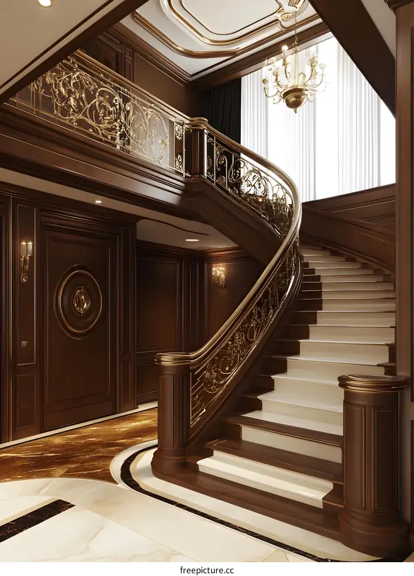 Luxury Interior Design with Ornate Staircase and Golden Handrail