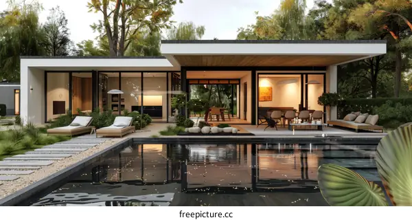 Modern minimalist house with pool and garden