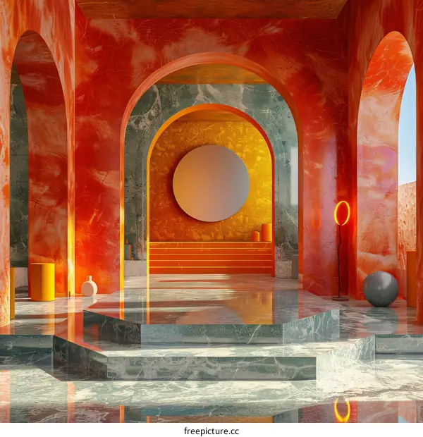 Geometric Archway Hallway in Red Yellow and Blue