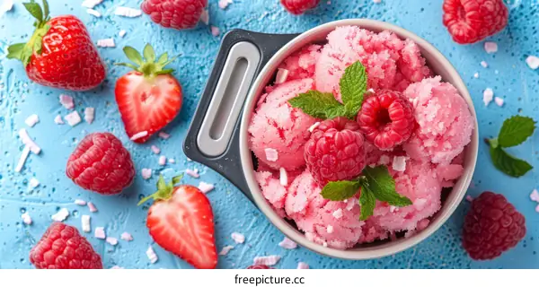 Refreshing raspberry and strawberry sorbet with fresh berries