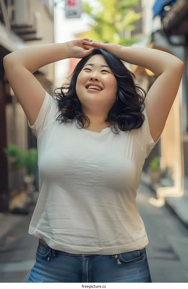 A smiling woman standing in a street with her hands on her head