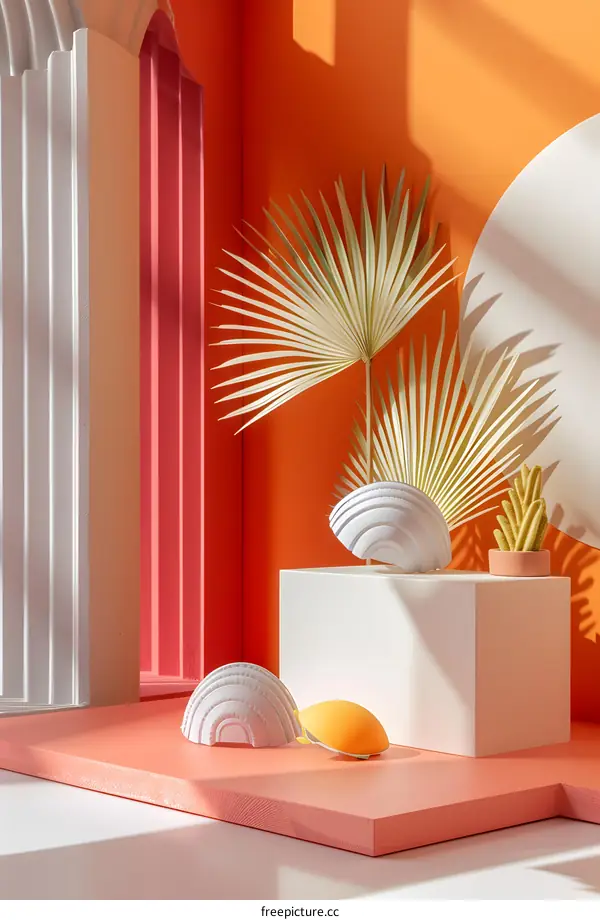 White and Orange Minimalist Abstract Background with Dried Palm Leaves and Shapes