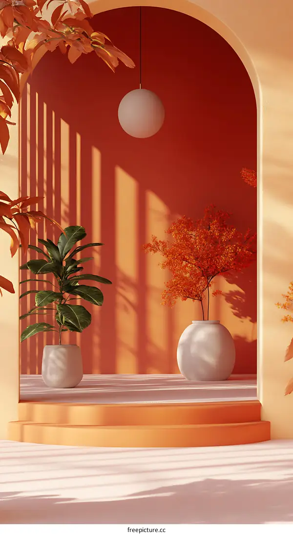 Minimalist Interior Design with Orange Wall and Plants