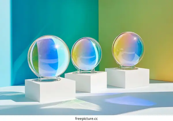 Three Colorful Glass Sphere Display on White Pedestals