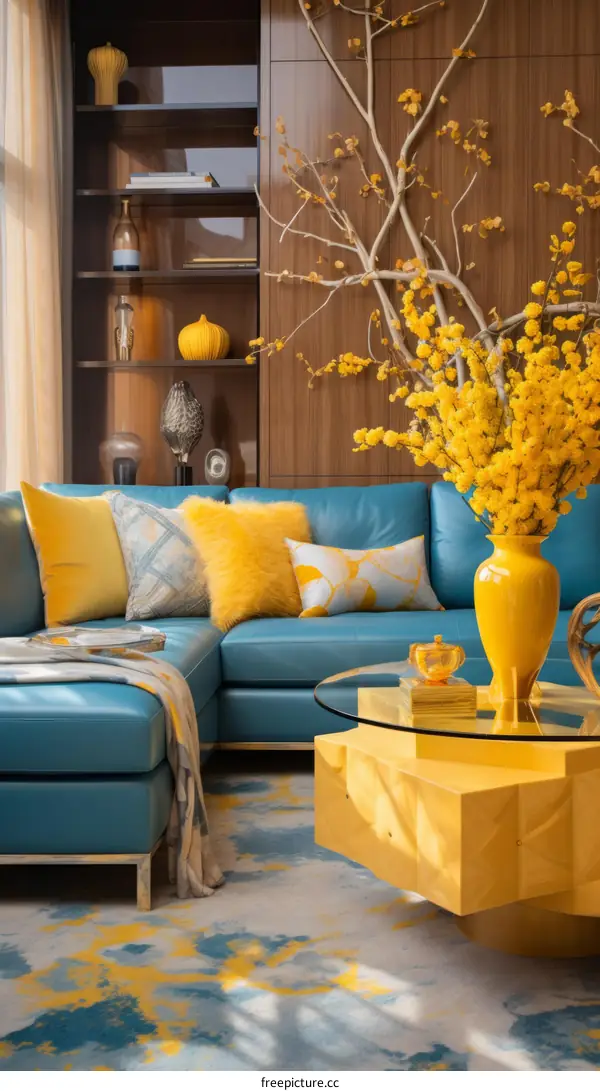 Modern Yellow and Blue Living Room Design with Stylish Furniture