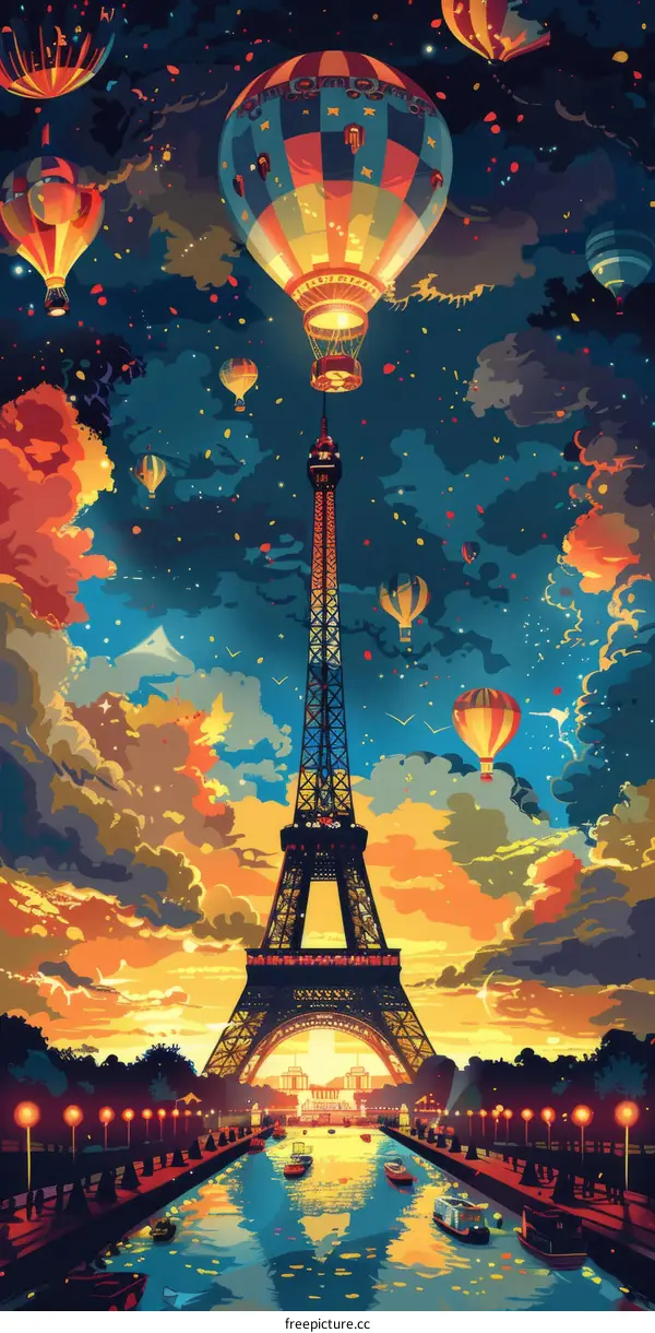 Hot Air Balloons Over the Eiffel Tower in Paris, France