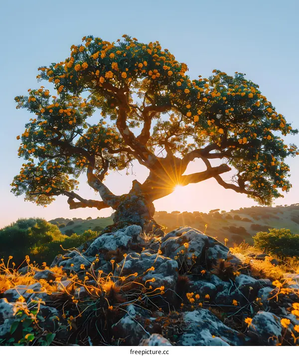 Blooming Tree with Sun Shining Through Branches