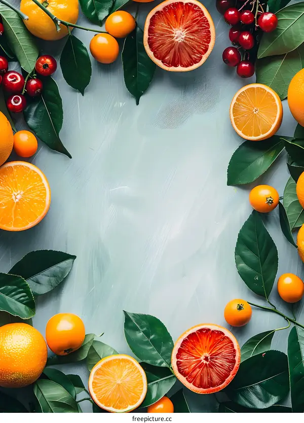 Citrus Fruits and Green Leaves on Blue Background