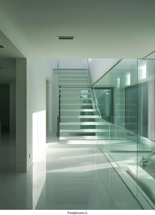 Modern Interior Design with Glass Staircase and Glass Railing