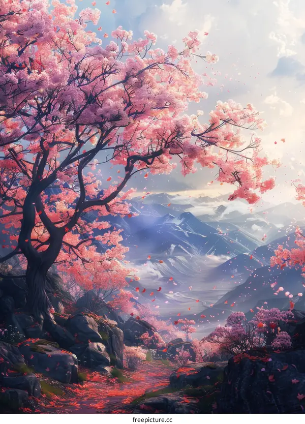 Fantasy landscape with cherry blossom trees and mountains