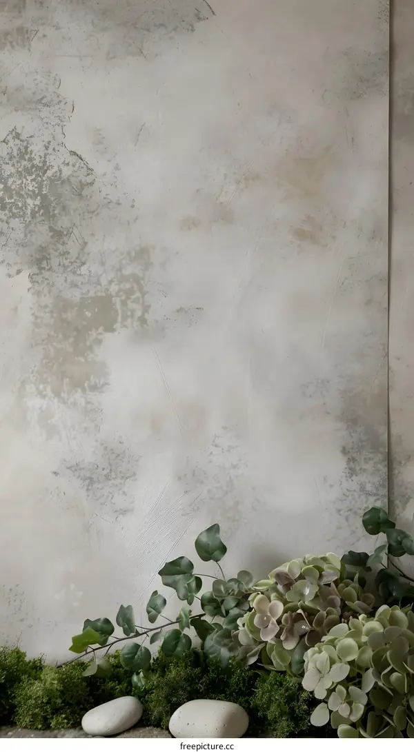 Neutral Beige Concrete Wall Texture With Greenery