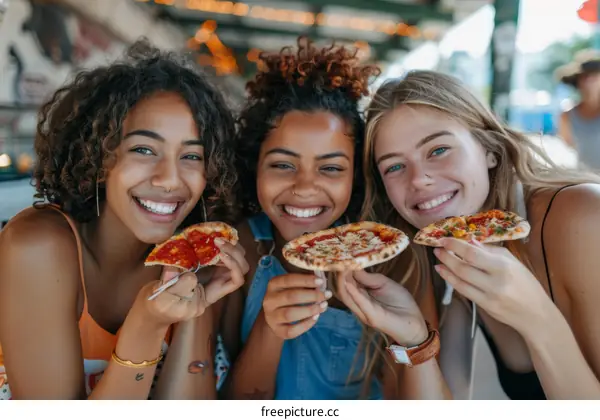 Three young multiracial women eating pizza together