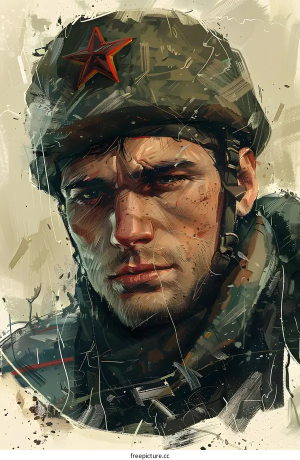 Soviet Soldier Portrait in Watercolor Style