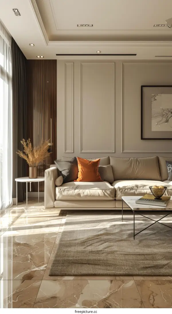 Stylish Neutral Living Room with Gray and Orange Accents and Chandelier