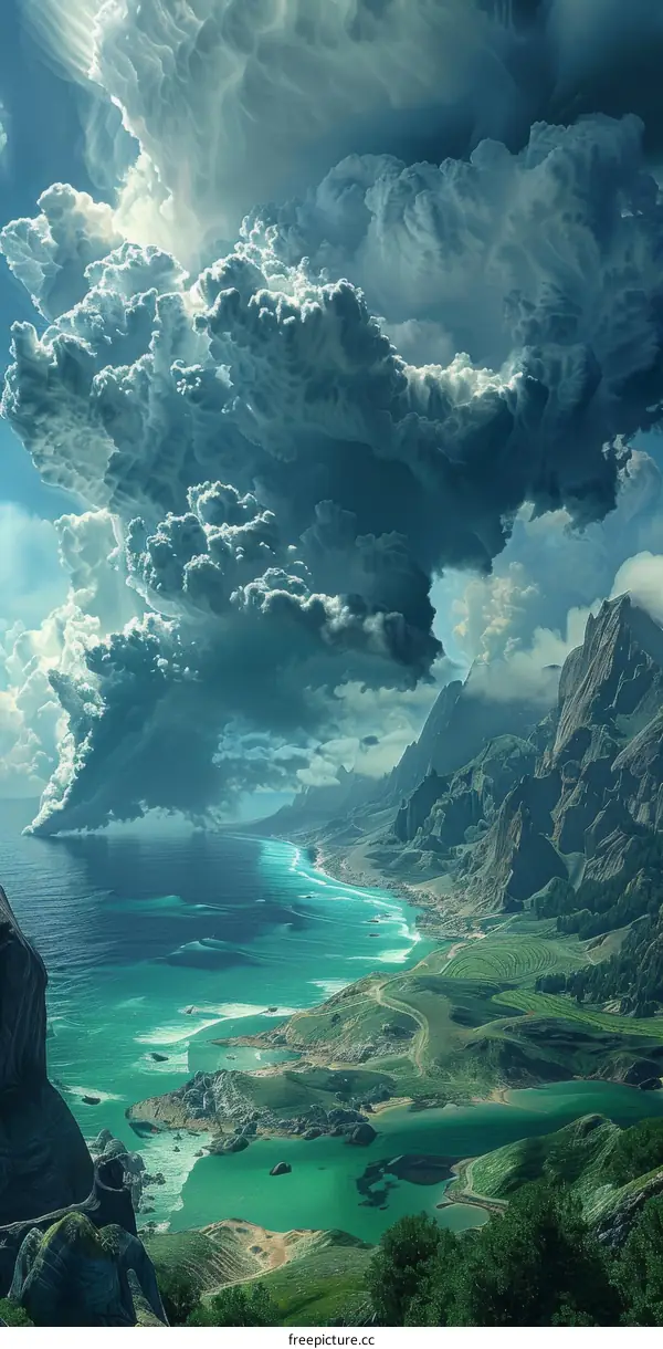 Fantasy Landscape with Giant Waves and Mountain Range
